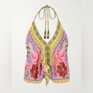 Farm Rio Fruits Queen tie-detailed printed satin halterneck top